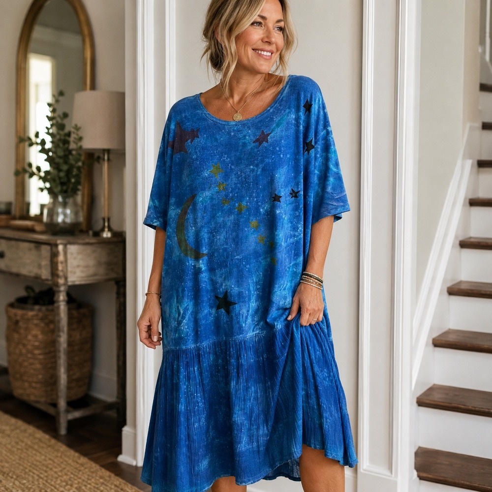 Sloop Jones Dress Women XXL Blue Celestial Star Moon Hand Painted Artisan Gauze